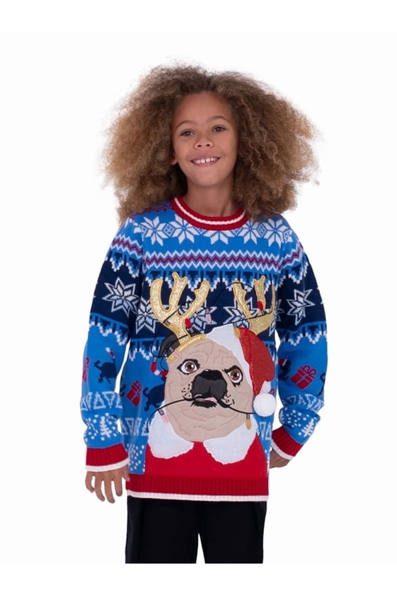 Boys' Holiday Pug Long Sleeve Crewneck Ugly Christmas Sweater, Sizes S-XL