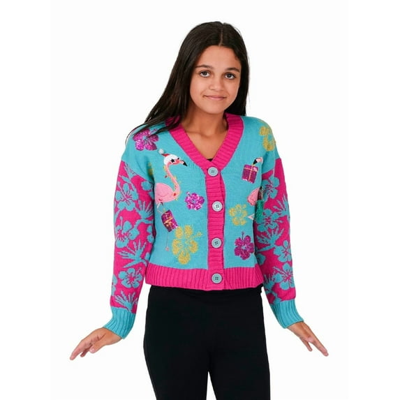 Jollidays Girls Flamingo Frenzy Holiday Gifts Ugly Christmas Cardigan
