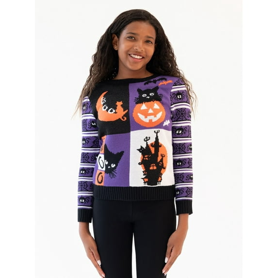 Jollidays Girls Halloween Colorblock Cats Pullover Sweater, Sizes S - XL