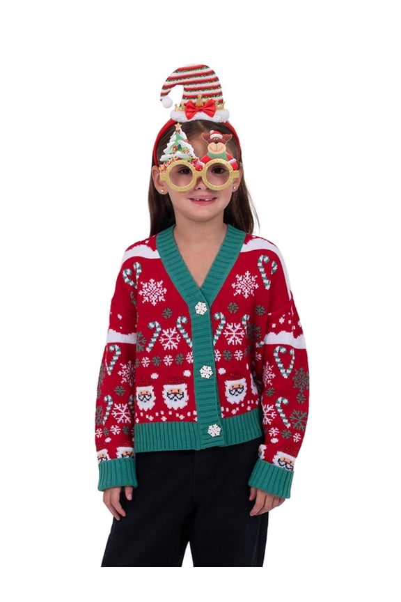 Girls' Elf Santa Candy Cane Crop Long Sleeve V-Neck Button Front Cardigan Sweater, Size S-XL