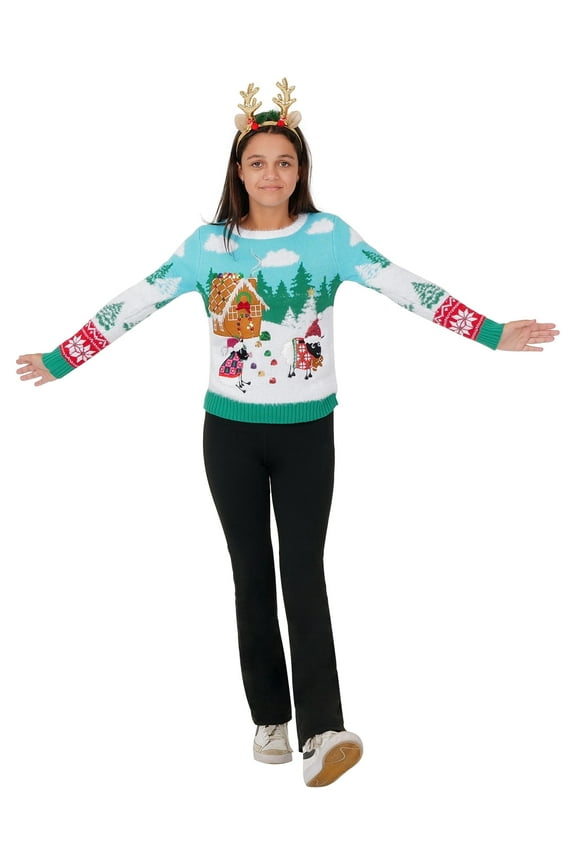 Girls' Christmas Sheep Wonderland Long Sleeve Pullover Crewneck Sweater, Sizes S-XL
