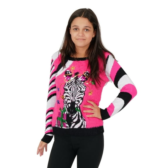 Jollidays Girls Zesty Zebra Long Sleeve Crewneck Ugly Christmas Sweater, Size S-XL