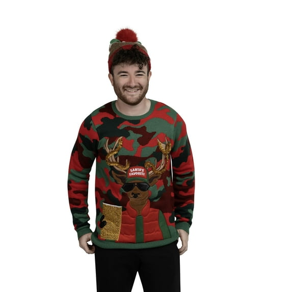 Jollidays Men's Camo Deer Ugly Christmas Sweater with Drink Pocket, Sizes S-2XL