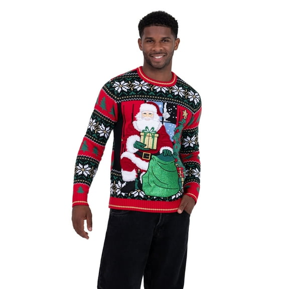 Jollidays Men's Classic Santa Ugly Christmas Sweater with Drink Pocket, Sizes S-2XL