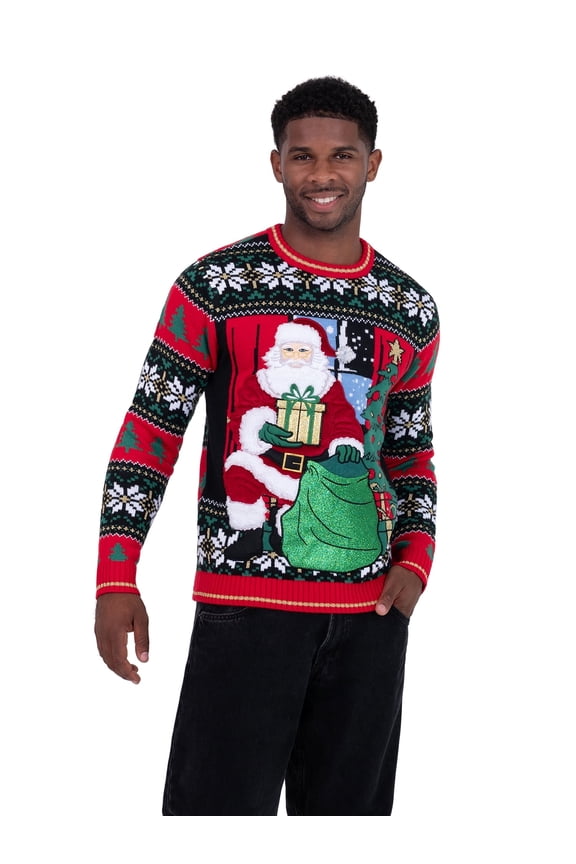 Men's Classic Santa Ugly Christmas Sweater with Drink Pocket, Sizes S-2XL