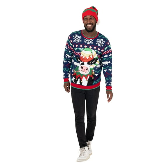 Jollidays Men's Elf Cow Pullover Christmas Sweater, Sizes S-XL