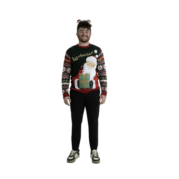 Jollidays Men's Gift Santa Ugly Christmas Sweater with Drink Pocket, Sizes S-2XL