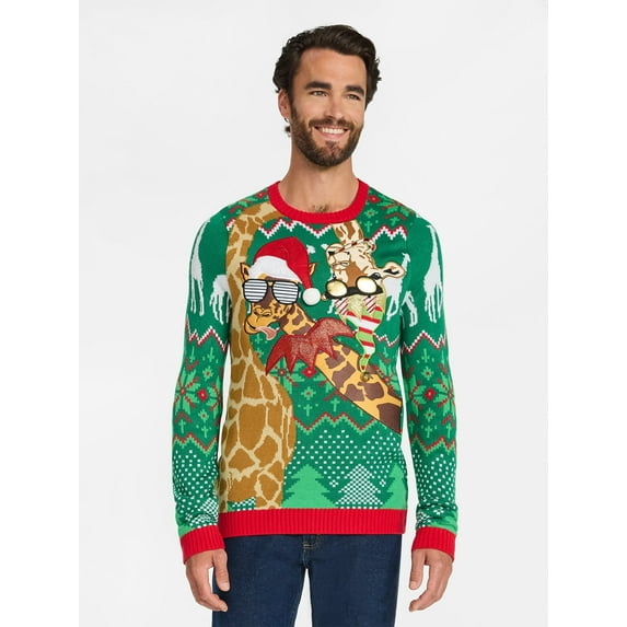 Jolly Sweaters Men's and Big Men's Two Giraffes Holiday Ugly Christmas Sweater, Sizes S- 3XL