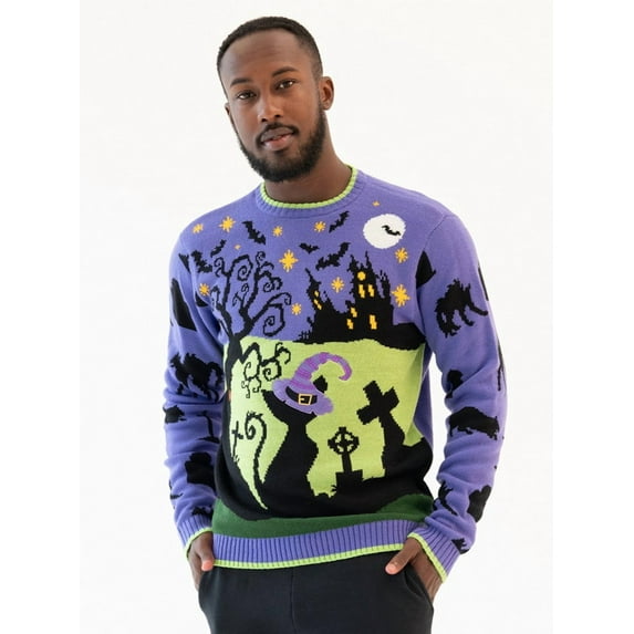 Jollidays Men's Halloween Cat in the Graveyard Pullover Sweater, Sizes S-2XL