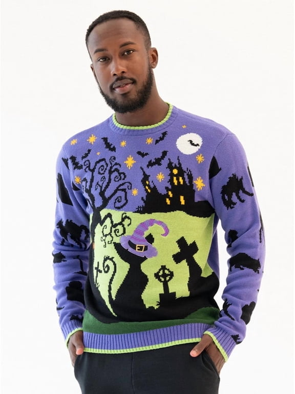 Men's Halloween Cat in the Graveyard Pullover Sweater, Sizes S-2XL
