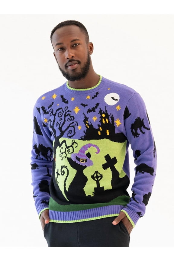 Men's Halloween Cat in the Graveyard Pullover Sweater, Sizes S-2XL