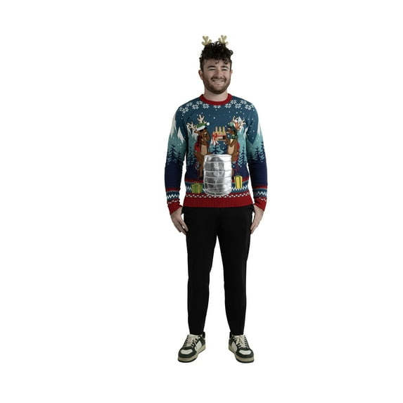 Jollidays Men's Keg Deer Ugly Christmas Sweater with Drink Pocket, Sizes S-2XL