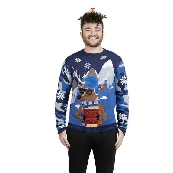 Jollidays Men's Mountain Deer Ugly Christmas Sweater with Drink Pocket, Sizes S-2XL