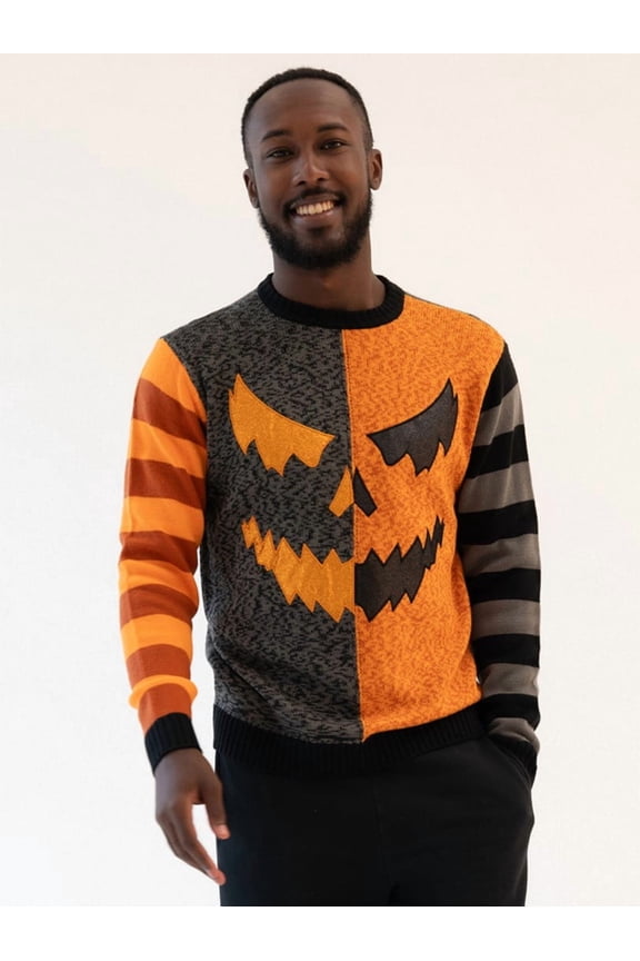 Men's Pumpkin Face Halloween Pullover Sweater, Sizes S-2XL
