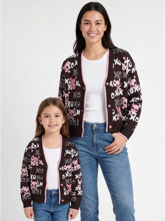 Mommy & Me Family Matching Skull XOXO Cardigan with Holographic Sequins for Women, Sizes S-XL
