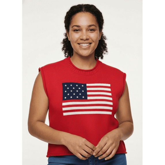 Jollidays Women's American Flag Crewneck Rolled Sleeve Pullover Sweater, Sizes S- XL