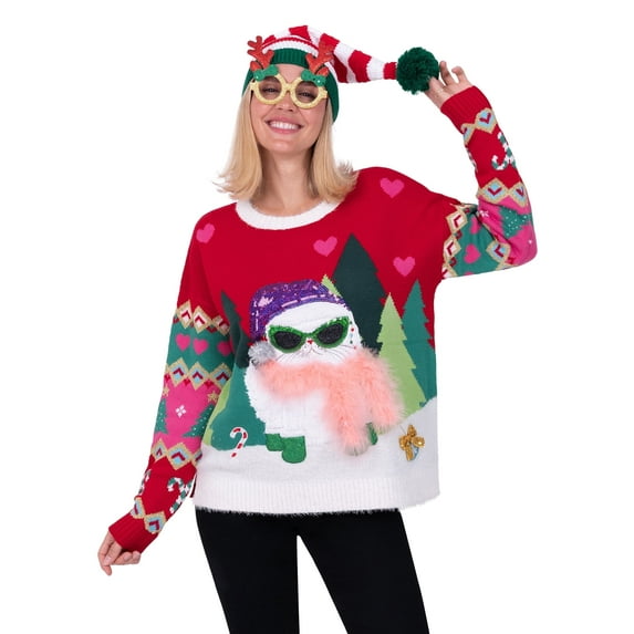 Jollidays Women's Boujie Cat & Boa Christms Sweater, Sizes S - XXL