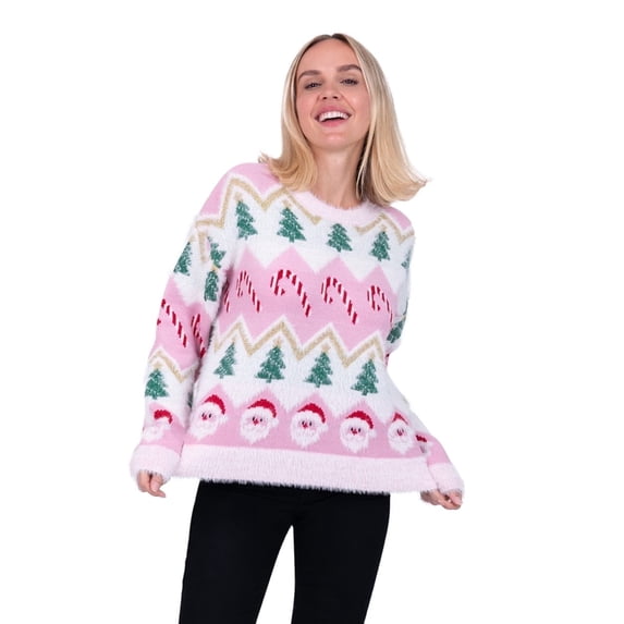 Jollidays Women's Candy Cane Trees & Santa Long Sleeve Crewneck Christmas Sweater, Sizes S-XXL