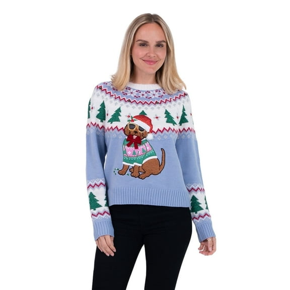 Jollidays Women's Dog and Trees Long Sleeve Crewneck Christmas Sweater, Sizes S-XXL