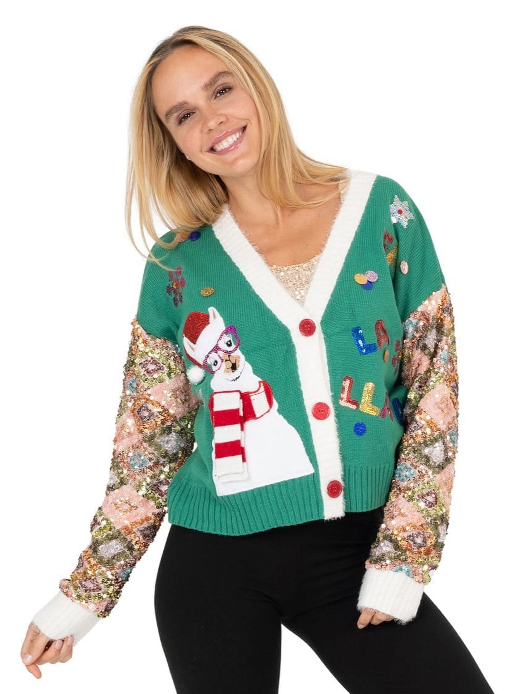 Women's Fa La La Llama Sequin Sleeve Christmas Cardigan, Sizes S-XXL