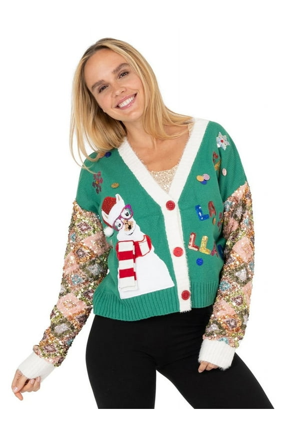 Women's Fa La La Llama Sequin Sleeve Christmas Cardigan, Sizes S-XXL