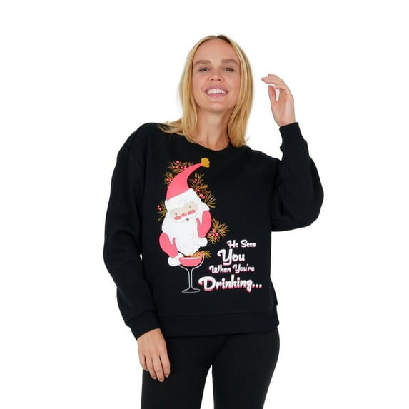 Jollidays Women's He Sees You When Your Drinking Christmas Pullover Sweatshirt, Sizes S-XXL