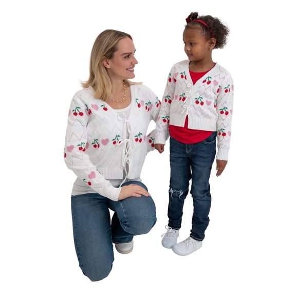 Jollidays Women's "Mommy & Me" Cherries & Hearts Tie Front Pointelle Cardigan, Sizes S-XL