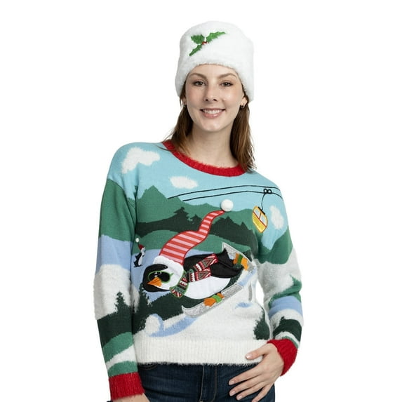 Jollidays Women's Penguin Ski Adventure Ugly Christmas Sweater, Size S-XL