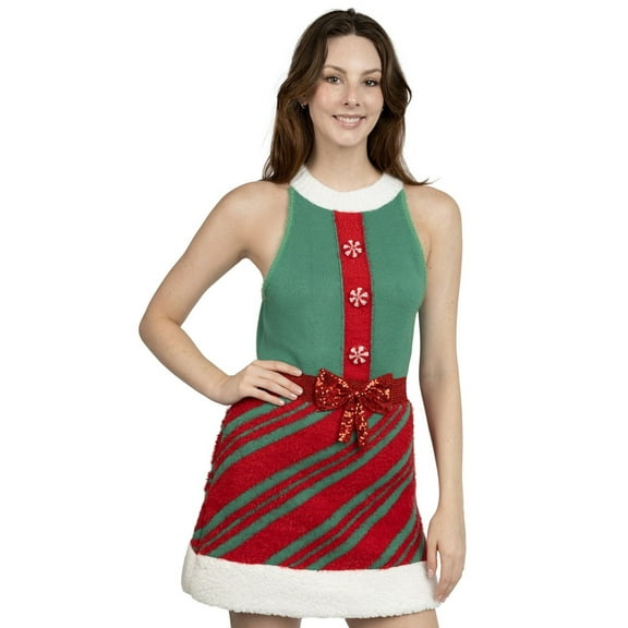 Jollidays Women's Peppermint Buttons & Bow Ugly Christmas Sweater Dress