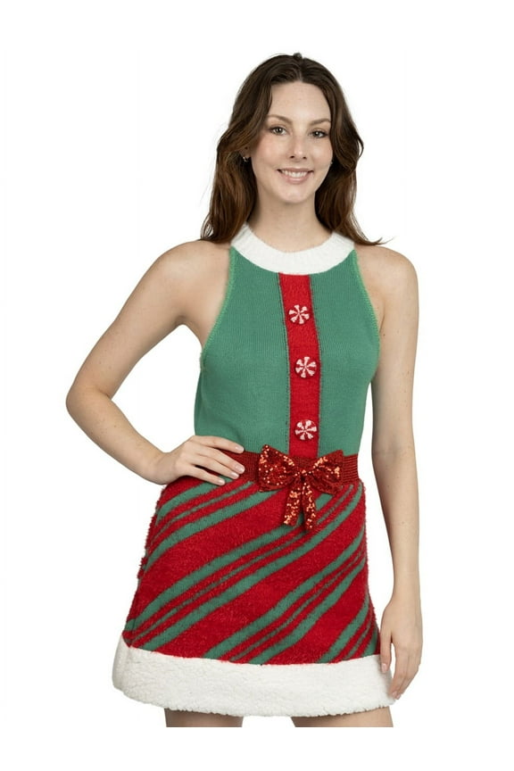 Women's Peppermint Buttons & Bow Ugly Christmas Sweater Dress
