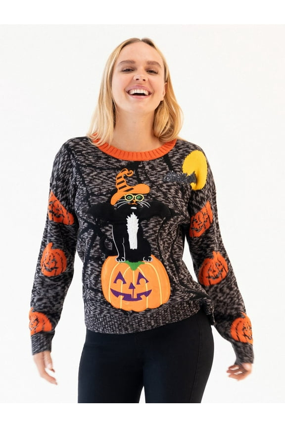 Women's Pumpkin Cat Halloween Pullover Sweater, Sizes S-XXL