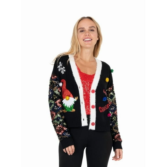 Jollidays Women's Sequin Sleeve Christmas Gnome Cardigan, Sizes S-XXL