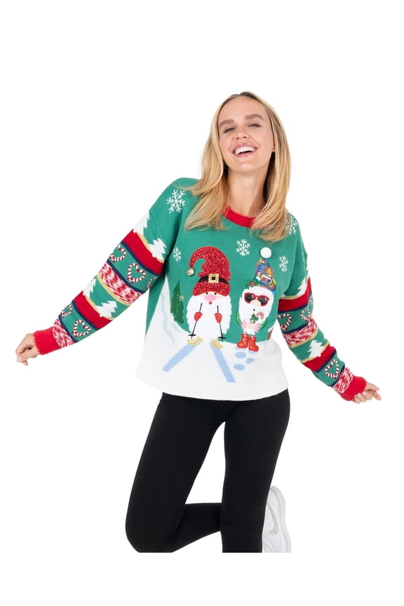 Women's Skiing Gnomes Christmas Pullover Sweater, Sizes S-XXL