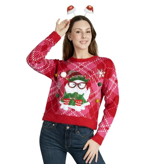 Jollidays Women's Smart Cat Glasses Ugly Christmas Sweater, Sizes S-XL