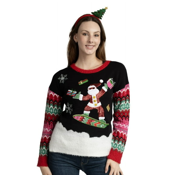 Jollidays Women's Snowboard Santa Ugly Christmas Sweater