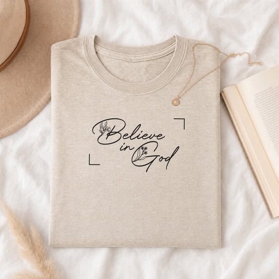 Jollimate Believe In God Shirt, Christian Graphic Tee, Floral Faith Cursive T-Shirt, Minimalist Religious Gift