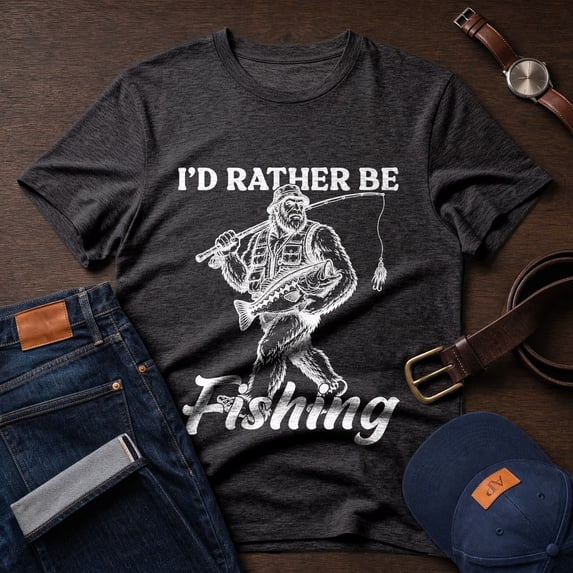 Jollimate Bigfoot I'd Rather Be Fishing T-Shirt, Funny Sasquatch Angler Graphic Tee, Men's Gift
