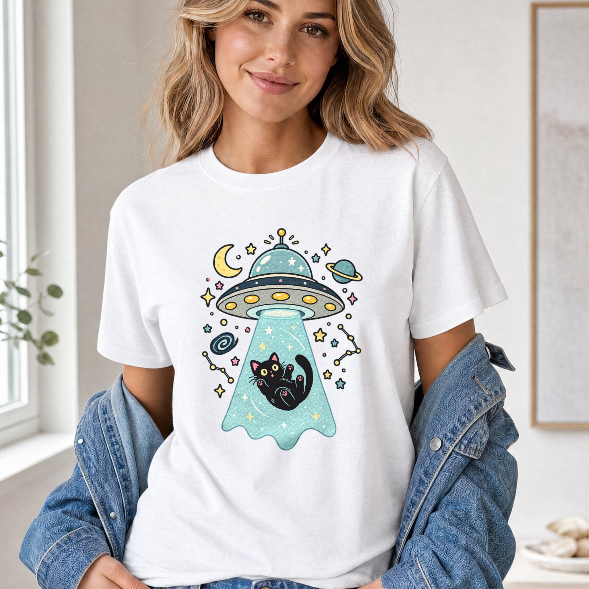 Jollimate Black Cat UFO T-Shirt, Cute Cosmic Alien Cotton Tee for Cat ...
