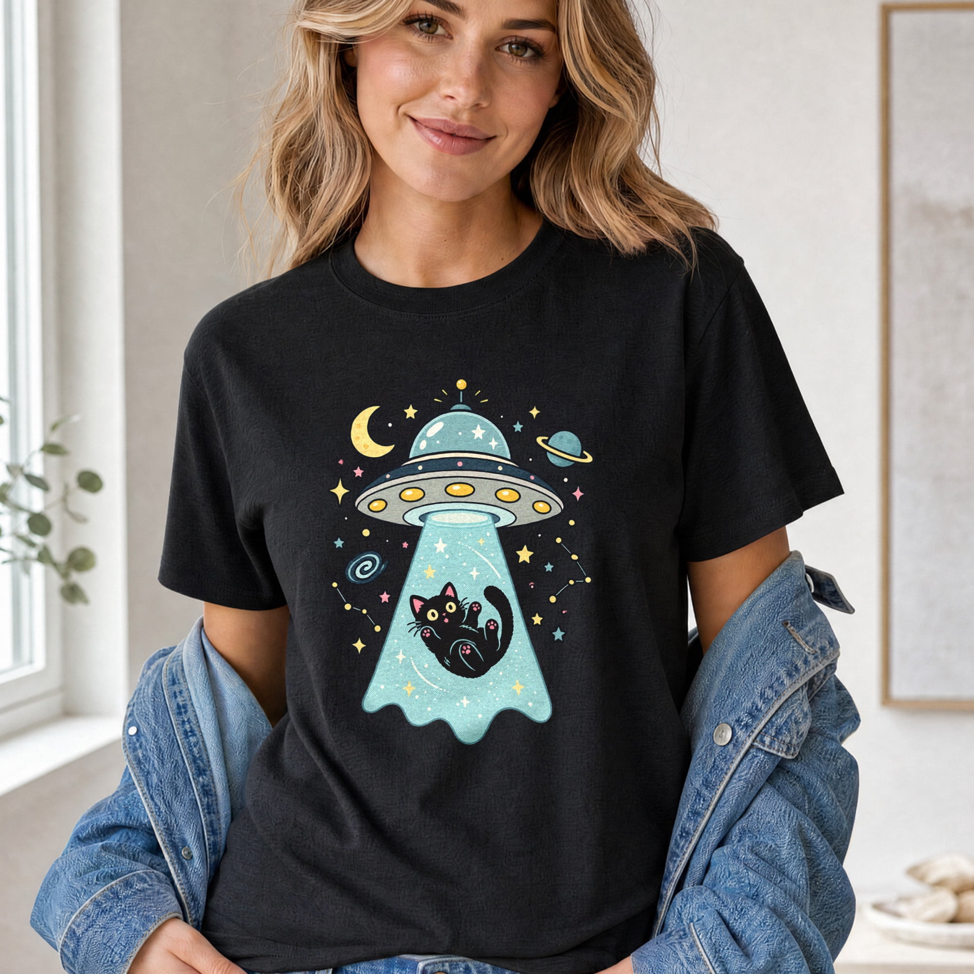 Jollimate Black Cat UFO T-Shirt, Cute Cosmic Alien Cotton Tee for Cat ...