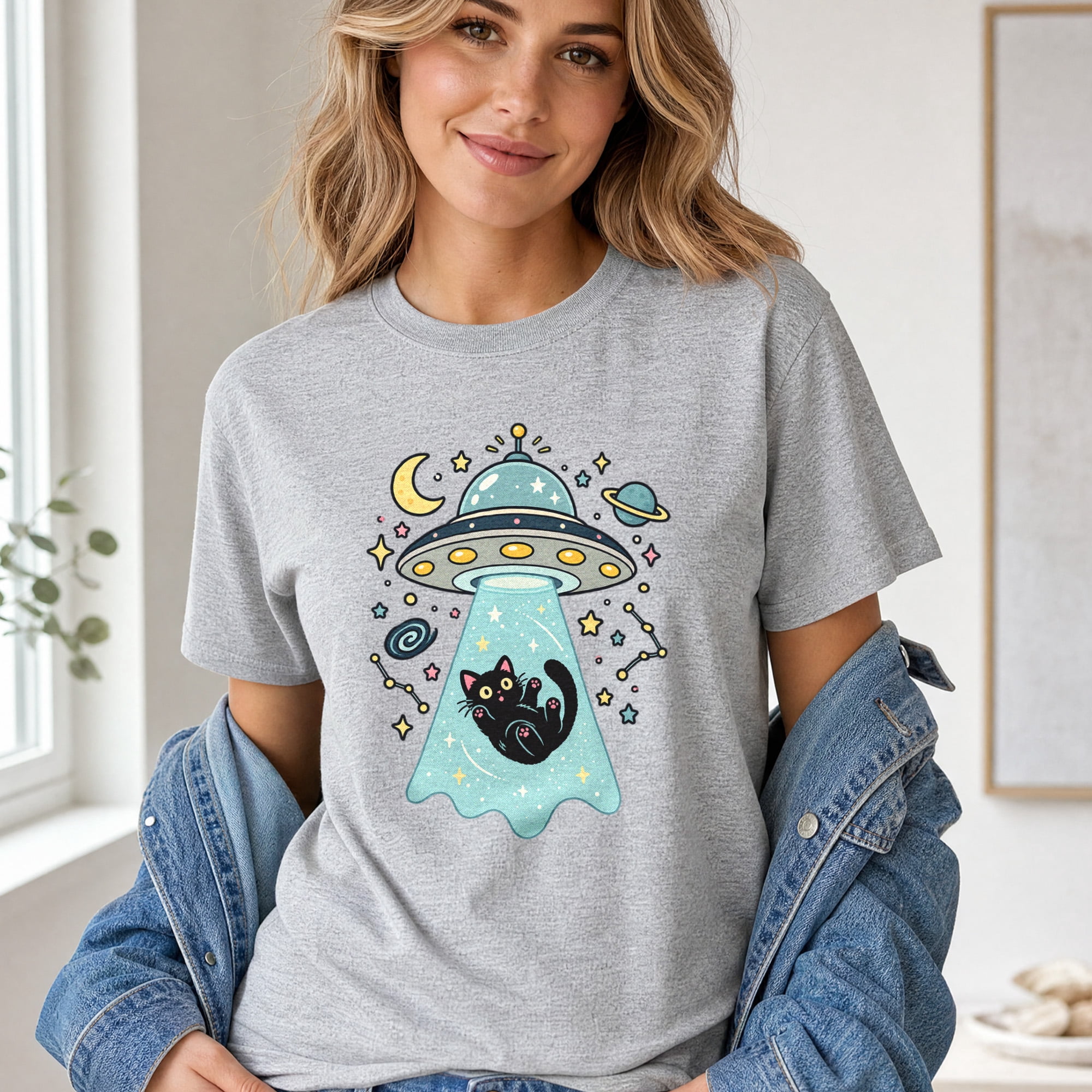 Jollimate Black Cat UFO T-Shirt, Cute Cosmic Alien Cotton Tee for Cat ...