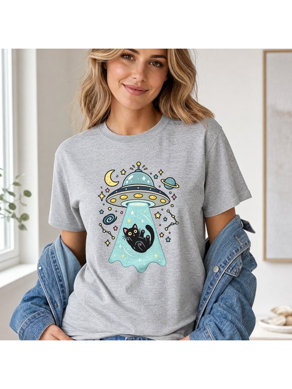 Black Cat UFO T-Shirt, Cute Cosmic Alien Cotton Tee for Cat Lovers and Space Fans