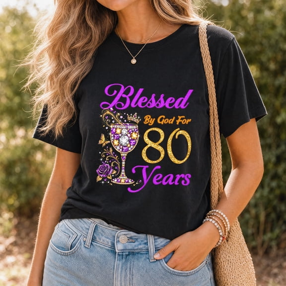 Jollimate Blessed By God 80 Years T-Shirt, 80th Birthday Shirt for Women, Christian Birthday Gift