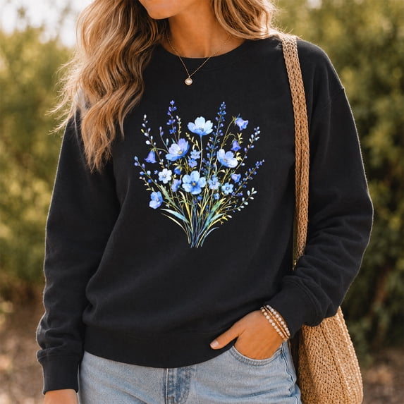 Jollimate Blue Watercolor Floral Sweatshirt, Wildflowers Sweatshirt, Ladies Gift Sweatshirt, Gift For Her