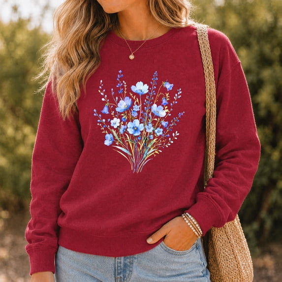 Jollimate Blue Watercolor Floral Sweatshirt, Wildflowers Sweatshirt, Ladies Gift Sweatshirt, Gift For Her