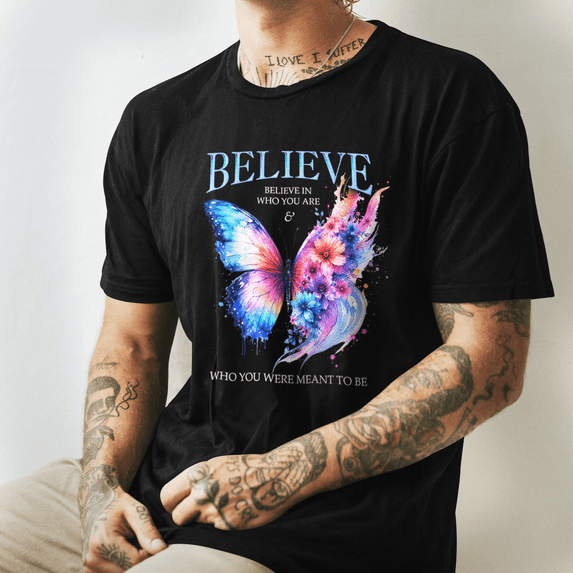 Jollimate Butterfly Graphic Shirt, Believe In Who You Are Quote Tee, Floral Inspiration Shirt