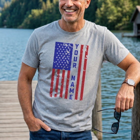 Jollimate Custom American Flag T-Shirt, Personalized Patriotic Name Graphic Tee, Men's Shirt