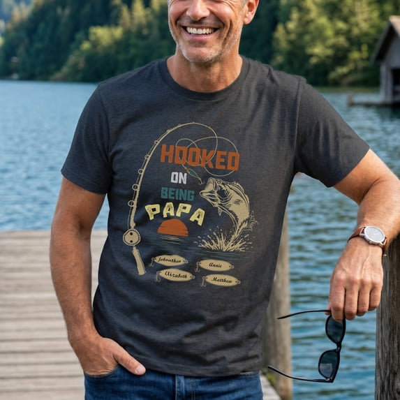 Jollimate Custom Name Shirt, Hooked On Being Papa T-Shirt, Funny Fishing Shirt, Fishing Dad Gift