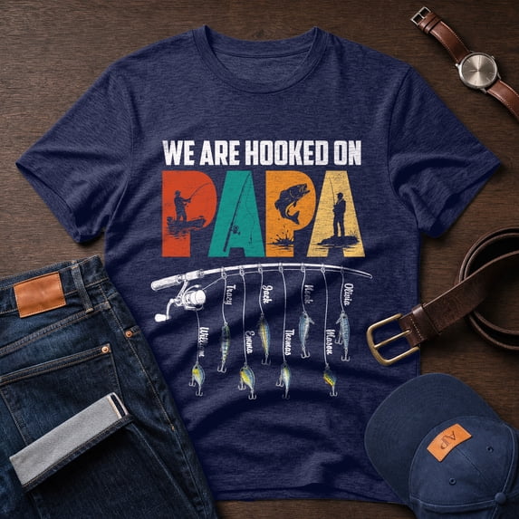 Jollimate Custom Name Shirt, We Are Hooked On Papa Shirt, Fishing Dad Shirt, Dad Fishing Gift