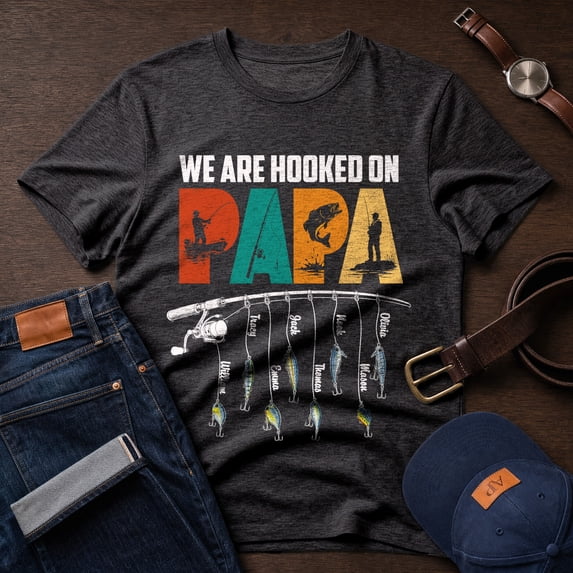 Jollimate Custom Name Shirt, We Are Hooked On Papa Shirt, Fishing Dad Shirt, Dad Fishing Gift
