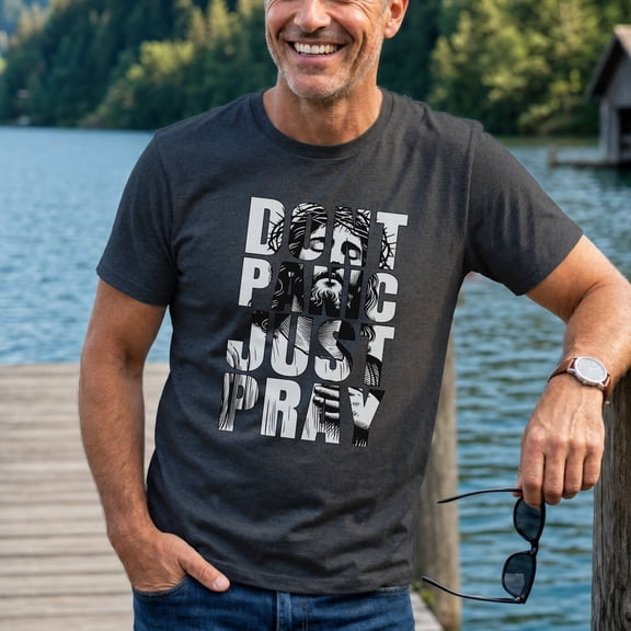 Jollimate Don't Panic Just Pray T-Shirt, Jesus Christian Graphic Tee for Men, Faith Gift for Him